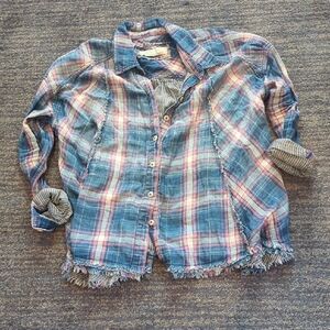 We The Free Blue and Pink Plaid Women's Button Down Shirt